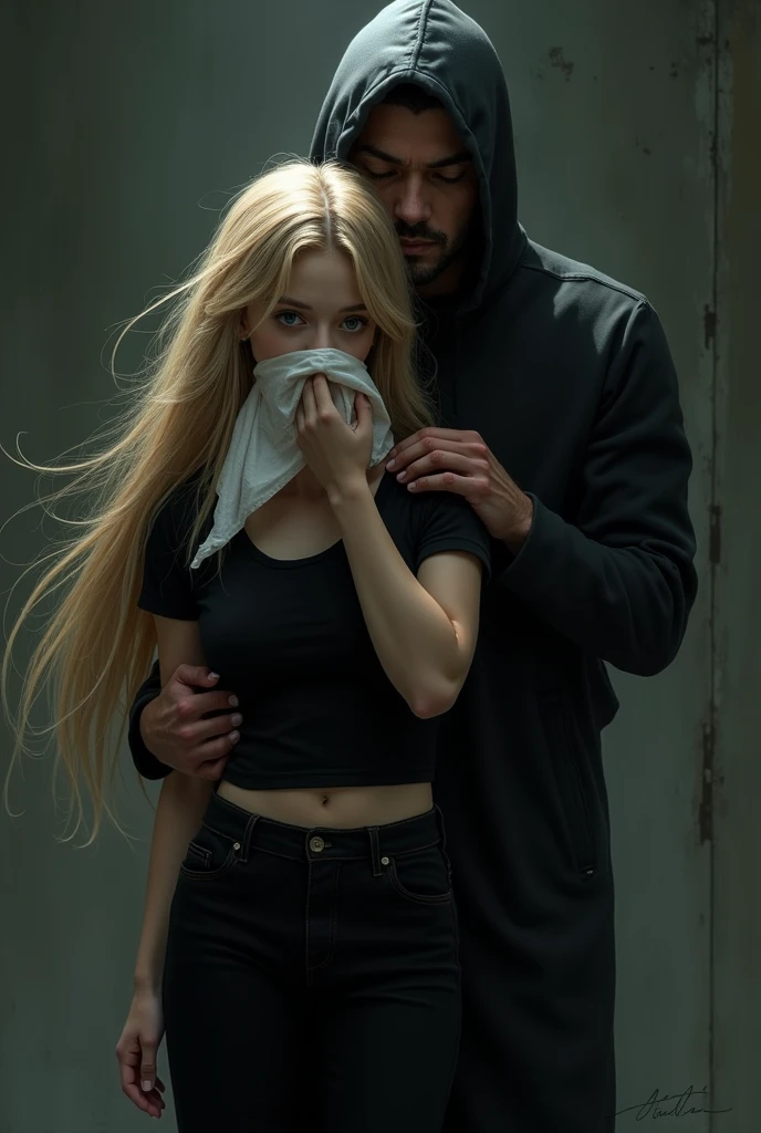 A girl with beautiful long blond hair. Za nią stoi facet i trzyma ją mocno. Dziewczyna ma czarne spodnie i czarny top. A guy holds a handkerchief over a girl&#39;s mouth. The girl loses consciousness