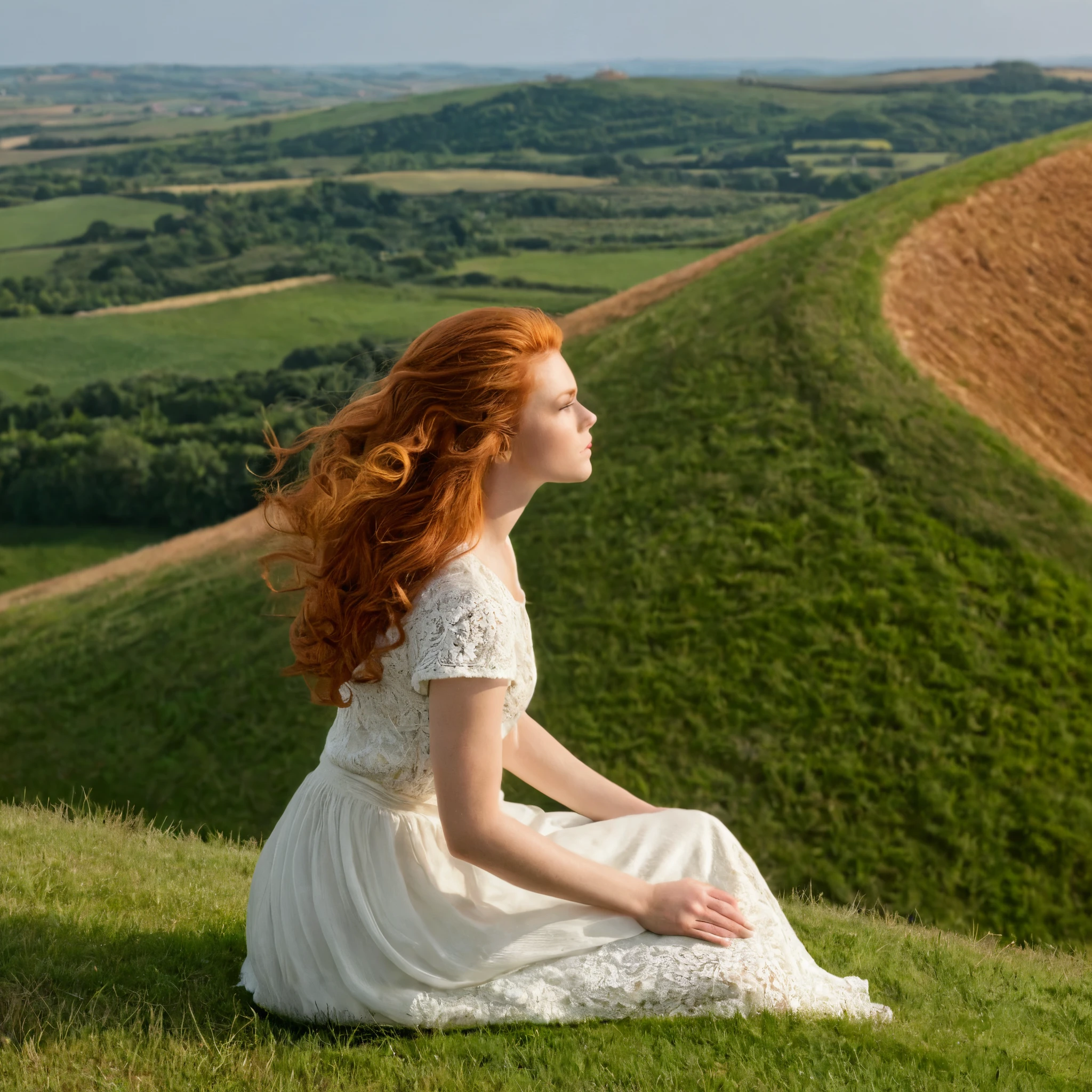 Femme rousse cheveux long assise sur une colline