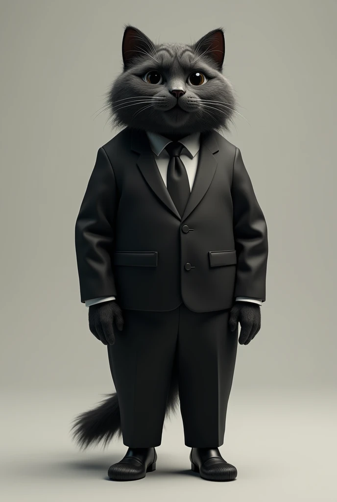 make an image of the following character with such characteristics: 30 cm tall, straight black hair, kind of fat, wears a black suit, has a cat's nose and mouth, black eyes and half human cat, male gender