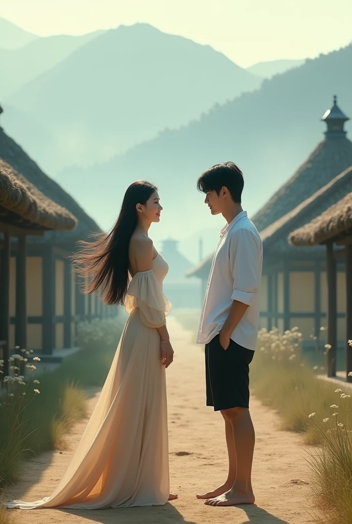 a beautiful woman with long flowing black hair, smooth and soft, with a naturally beautiful face with brownish corneas, wearing a long elegant and charming dress, barefoot, smiling sweetly standing facing the camera, the charm of a beautiful Korean woman with a naturally beautiful face, standing and smiling at her a handsome Korean man with long hair, wearing a white shirt, short black pants and barefoot, the background is a beautiful natural charm in a Wae Rebo village with typical buildings made of thatch and cone-shaped down to the ground, nature is still beautiful and The enchanting mountain background is covered in mist in the morning, the morning sunlight penetrating the mist adds to the beauty, very realistic, cinematic