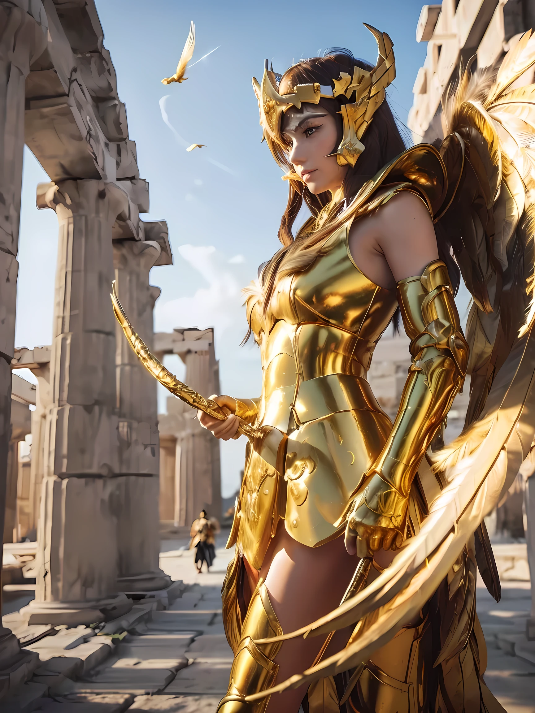 A woman with long straight hair stands in front of the Parthenon temple, wearing detailed Greek archer armor with golden accents, feathers and a helmet with long golden wings, (best quality,4k,8k,highres,masterpiece:1.2),ultra-detailed,(realistic,photorealistic,photo-realistic:1.37),extremely detailed face and hands, 1girl, Sagittarius armor, armor, golden armor, feathers, helmet, long metal feathers, long golden feathers