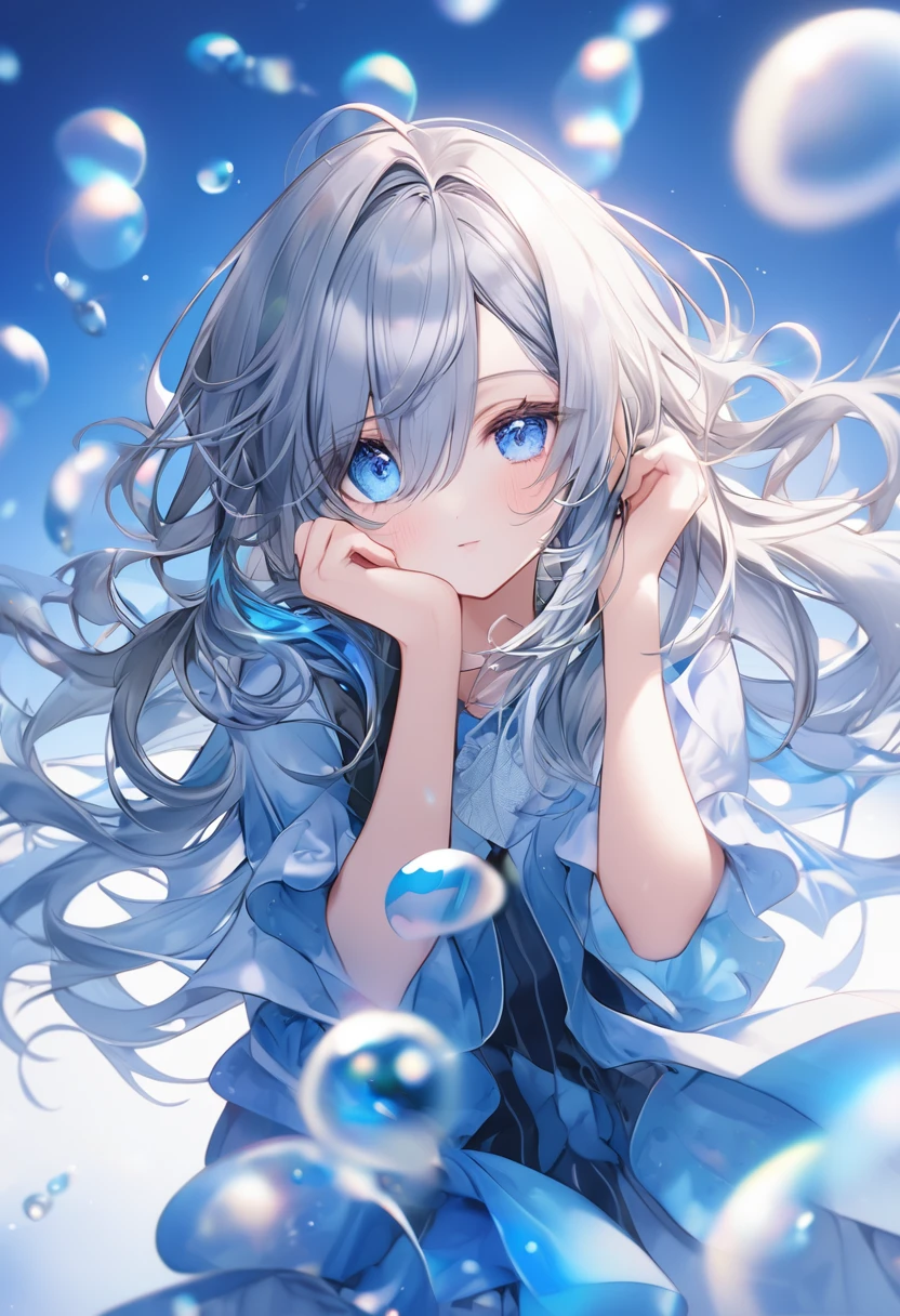 eyes visible through hair / bangs,(hair over one eyes),blue eyes,cute、Photograph the whole body