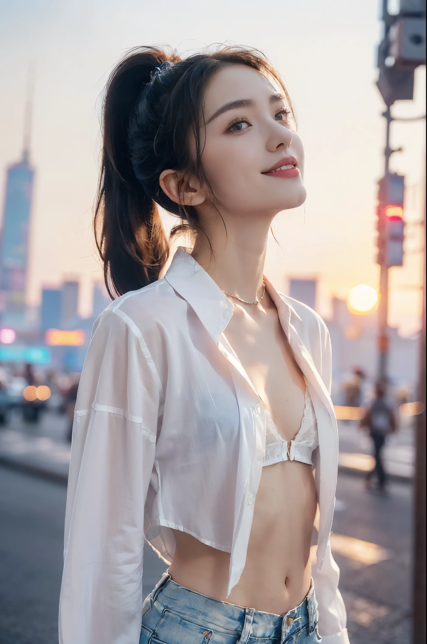 (((best quality))),(((ultra detailed))),(((masterpiece))),illustration,((1 beautiful girl,solo)),((short half ponytail,short hair)),(fair skin:1.3),(detailed eyes:1.3),(smile:1.3),((slim,thin)),((small breasts,flat chest)), (oversize white collared sleeved shirt:1.3),(open shirt:1.5),(bra:1.2),(micro denim shorts:1.2),(slender legs:1.2),(standing:1.3),((vibrant colors, soft glow)), (active and healthy lifestyle,youthful charm),((on the street,cyberpunk city, towering skyscrapers)),(warm sunset glow:1.3),(detailed background:1.3),((vivid neon signs, holographic advertisements, electric atmosphere)),(outdoor:1.3),((summer,dusk scene)),((from front,upper body))