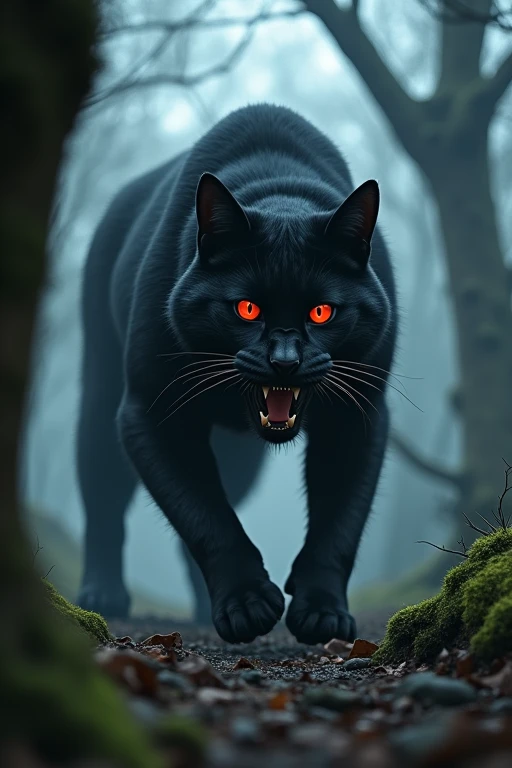 ((Highest quality)), ((masterpiece)), (detailed), In the dark forest,Giant black cat,They're coming for us,Red glowing eyes,Front view