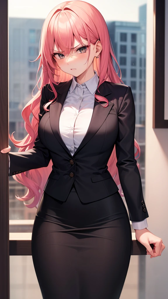 masterpiece, best quality, high detail, beautiful angry business woman, solo focus, long wavy hair, pink hair, (black blazer), (black midi pencil skirt), ((long skirt)), wide hips, office building, sexy pose, 