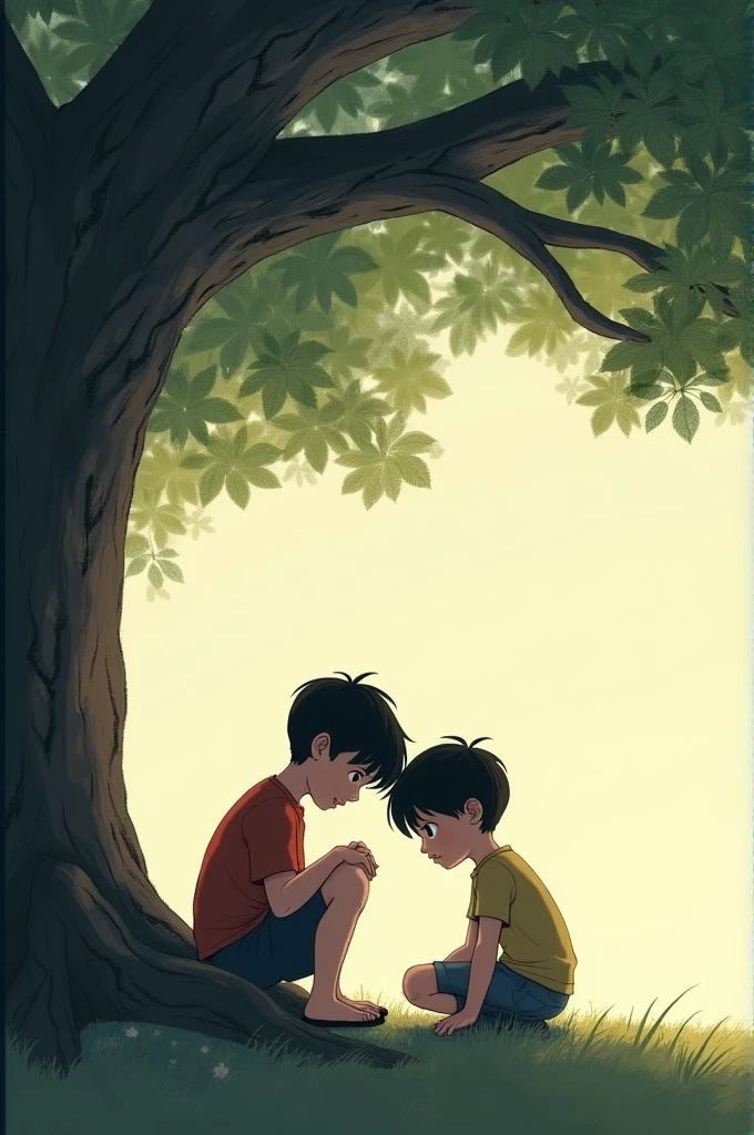 A boy sits under a tree with his head in his hands, clearly upset. Another boy approaches, sits beside him without saying a word. The first boy glances up and smiles, appreciating the silent comfort.