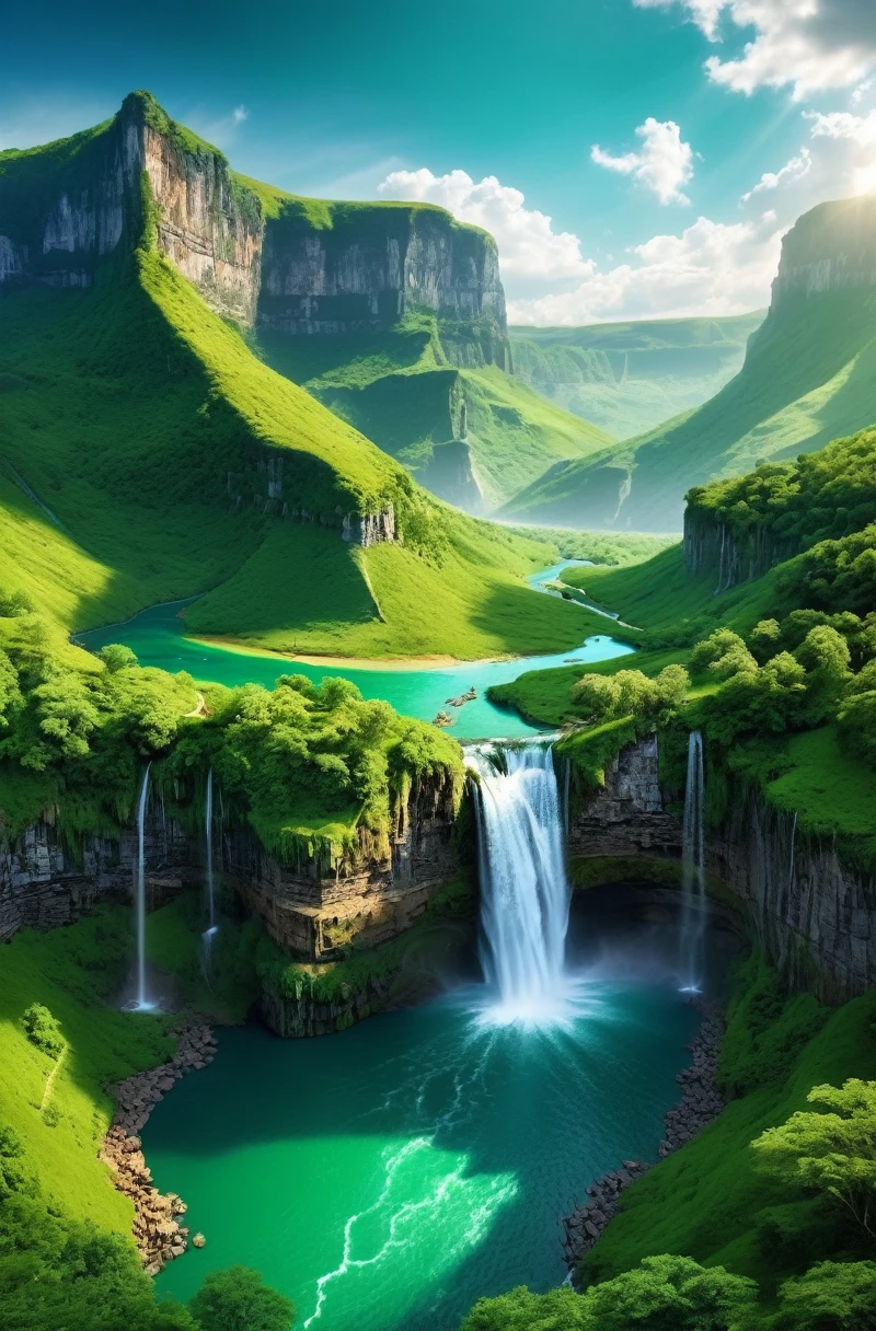 Masterpiece, ultimate quality, Cg unity 8k wallpaper, super delicate, beautiful sky and clouds, rich natural scenery, cliffs, lakes and rivers, waterfalls and flying water, beautiful green mountains, no trace of people, excellent scenery, has already won a photo contest, background Blurring, full depth of field, HDR high dynamics, true restoration, intricate, extreme details, dramatic presentation, perfectly presenting the style of midjourney art.