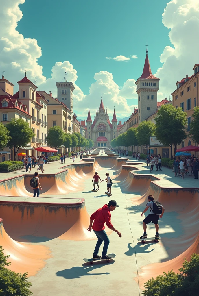 Skatepark avec des gens en skate avec les fameuses tours de la ville de Rochelle avec marqué west side effect sur un grand panneau