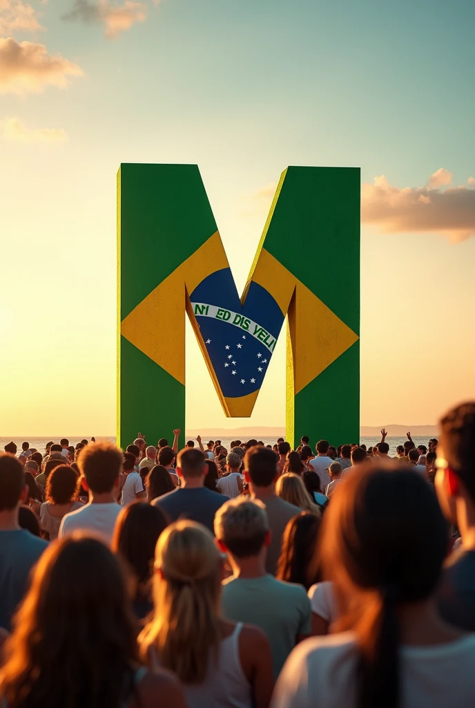 Letter M, capital with the colors of the Brazilian flag, 4k, realistic, cinematic, people looking and smiling, spring day, beautiful horizon in the background.