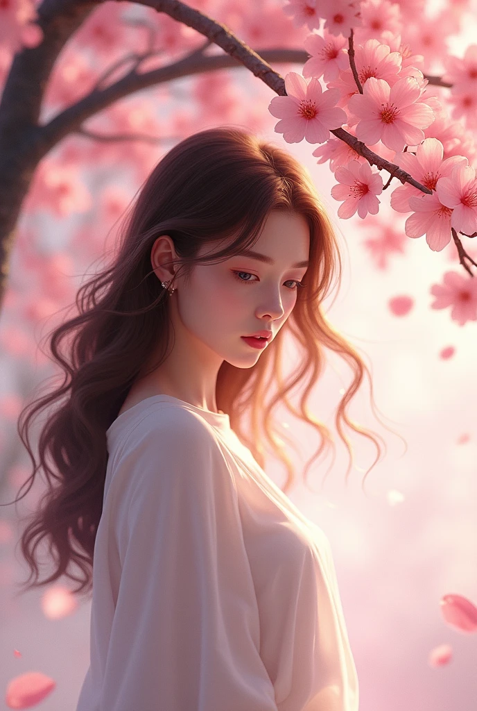 A woman with long brown hair is standing under a cherry blossom tree