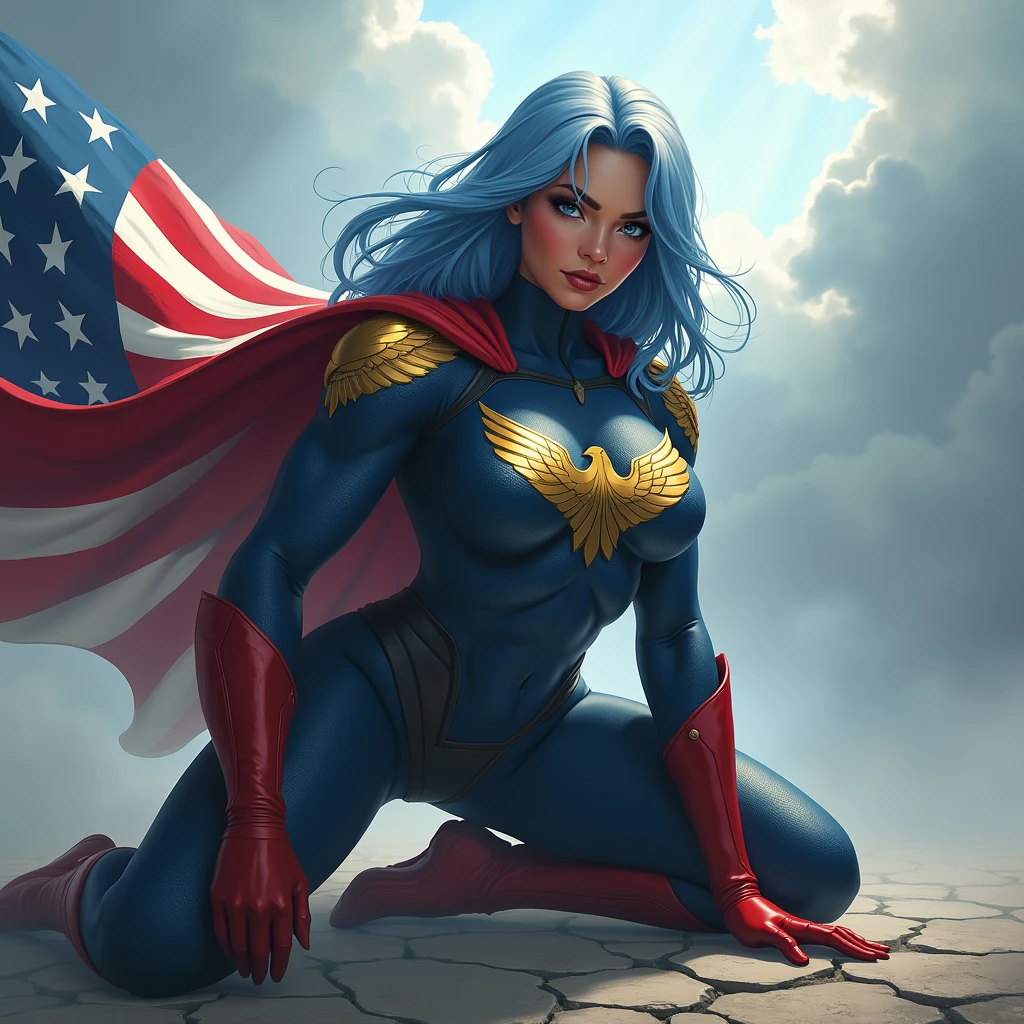 A powerful superhero character in a dramatic action pose, kneeling on one knee with her fist on the ground, causing small cracks on the surface. She's a beautiful biracial latina woman. She wears a dark blue, textured full bodysuit with golden eagle heads on the shoulders and wears red gloves until her elbow. She have got long light blue hair, light blue eyes, large breast, and she has a stern, determined expression on her face. A large American flag cape billows behind her, adding a sense of movement to the scene. The atmosphere around her is misty, with beams of light piercing through the clouds, highlighting the figure in a heroic manner,De Haut En Bas, 