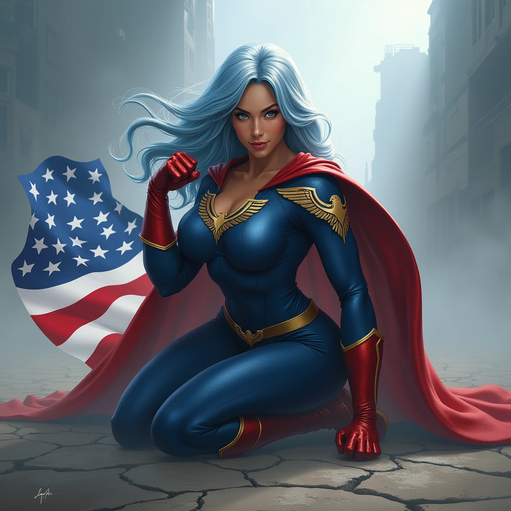 A powerful superhero character in a dramatic action pose, kneeling on one knee with her fist on the ground, causing small cracks on the surface. She's a beautiful biracial latina woman. She wears a dark blue, textured full bodysuit with golden eagle heads on the shoulders and wears red gloves until her elbow. She have got long light blue hair, light blue eyes, large breast, and she has a stern, determined expression on her face. A large American flag cape billows behind her, adding a sense of movement to the scene. The atmosphere around her is misty, with beams of light piercing through the clouds, highlighting the figure in a heroic manner,De Haut En Bas,