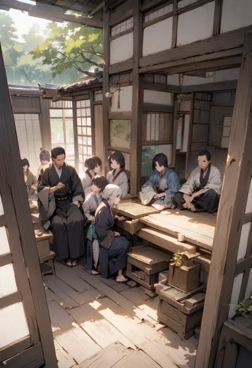 Inside an old Japanese house in Kumamoto、The old swordsman lies quietly。Family and disciples watching