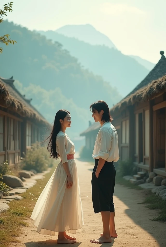 a beautiful woman with long flowing black hair, smooth and soft, with a naturally beautiful face with brownish corneas, wearing a long elegant and charming dress, barefoot, smiling sweetly standing facing the camera, the charm of a beautiful Korean woman with a naturally beautiful face, standing and smiling at her a handsome Korean man with long hair, wearing a white shirt, short black pants and barefoot, the background is a beautiful natural charm in a Wae Rebo village with typical buildings made of thatch and cone-shaped down to the ground, nature is still beautiful and The enchanting mountain background is covered in mist in the morning, the morning sunlight penetrating the mist adds to the beauty, very realistic, cinematic