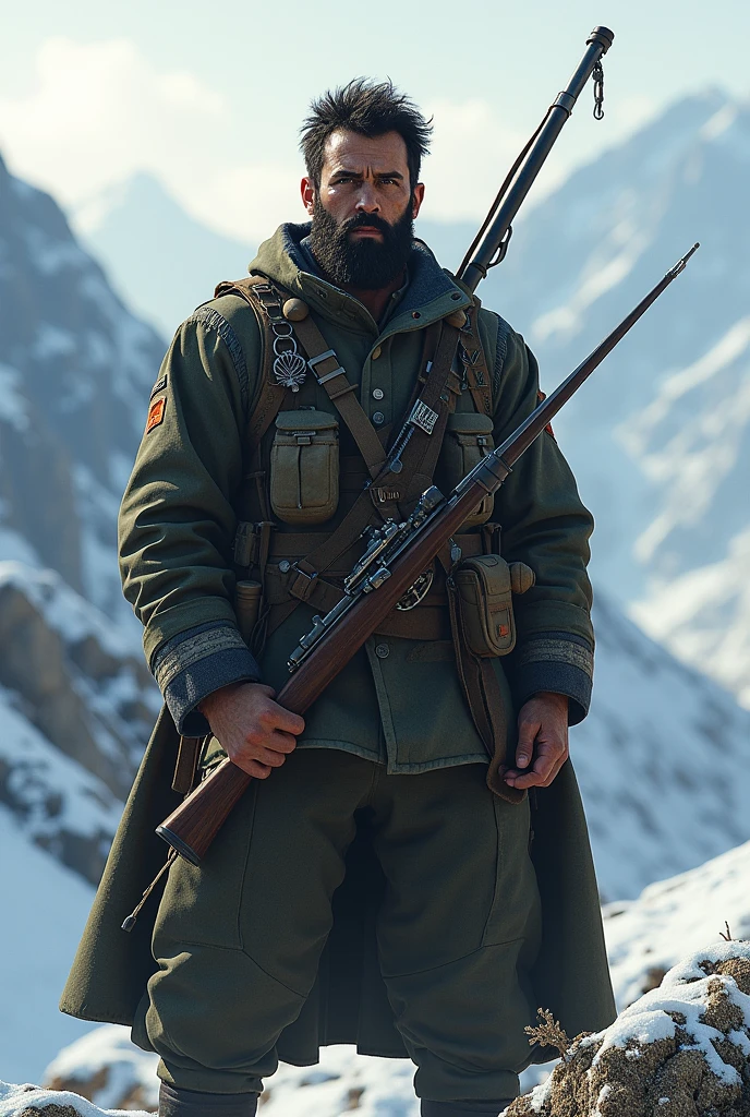 French Army Soldier, brun, Black beard, carrying a long war weapon, debout dans les montagnes enneigées du Liban