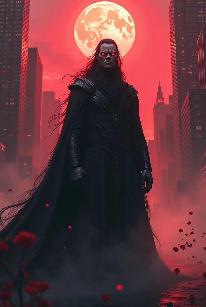 King with bulw eyes and long hair in newyork City with bulw and red light