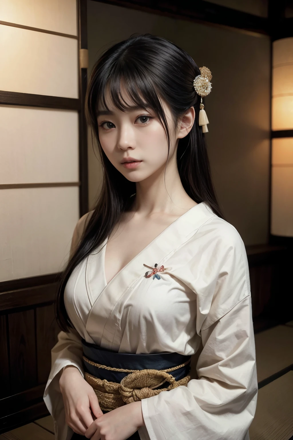 (high quality), (masterpiece), (detailed), 8K, Hyper-realistic illustration of (Japanese girl1.2) with (delicate ancient totem1.3) markings on her (porcelain-like skin1.2). (Papyrus1.2) strips wrapped around her (long black hair1.2) frame her (heart-shaped face1.2), while (traditional Japanese clothing1.2) drapes elegantly across her (slender upper body1.2).