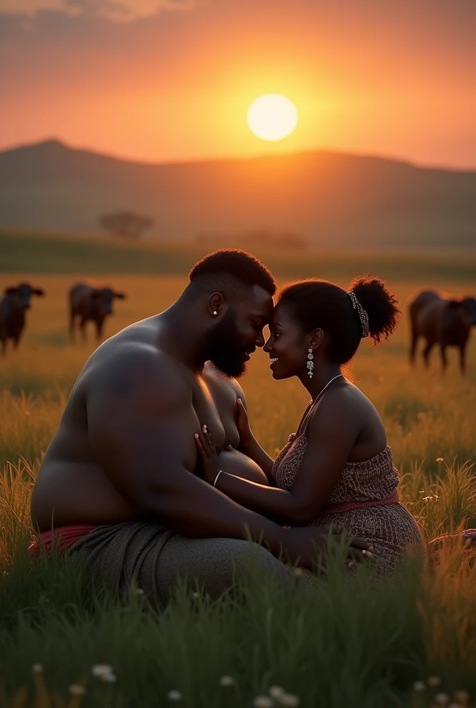 Ethiopian Couples, fat man and slim girl siting on a grass at dusk and sowing an affection to each other. The moon shines on them and there is also a walking cattles to its destination.
