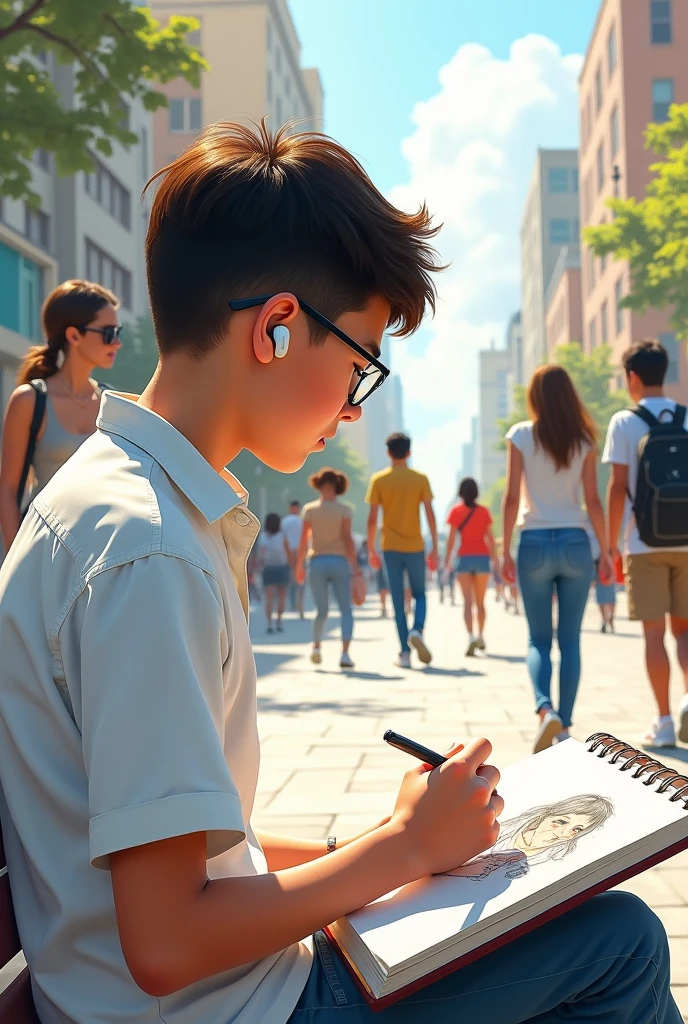  a boy looking and live drawing random people on the street on his sketch book and he has glasses and wireless EarPods on 
White shirt sketch book on the lap