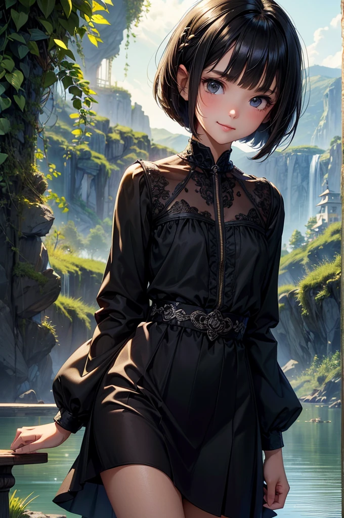 ((masterpiece, best quality, ultra-detailed, high resolution, extremely detailed CG, super detailed, Most beautiful clean lighting)), 1girl,  girl, undere girl, pretty face, smile, white skin, Beautiful black hair, hair cut in a row, bob cut, straight hair, black eyes, kawaii, slender, small build, kawaii, little body, divine garment, fantastic landscape, ultimate beauty