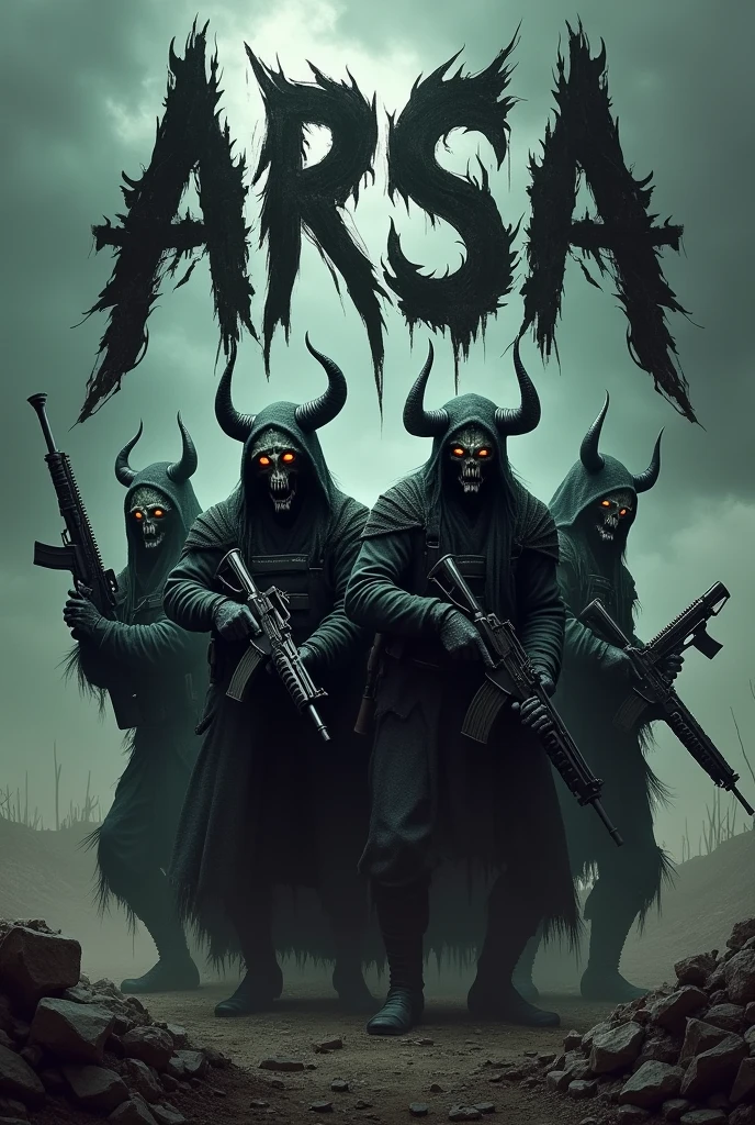 Generate a logo having 4 soldiers dressed as demons and holding guns. In the background written "ARSA" in denon font and dark colours. Overall view of image is in battlefield 