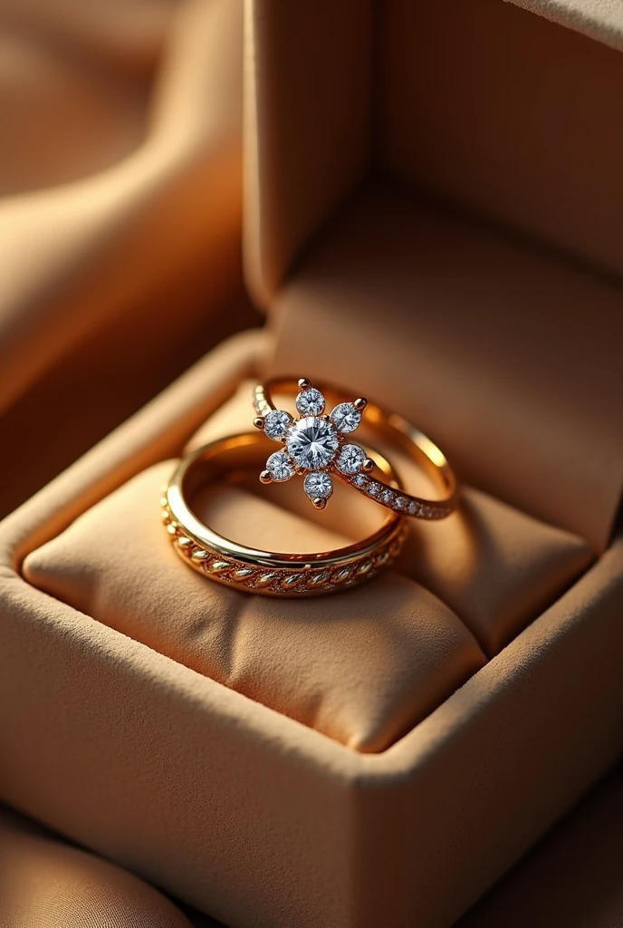 pair of wedding rings and engagement ring in gold color in a velvet box the men's ring is simple, only smooth and matching the women's ring the women's ring has a shiny minimalist diamond stone reminiscent of a flower with petals and around it a braided finish with small diamonds Inside the rings is written the word "AKAI TO"