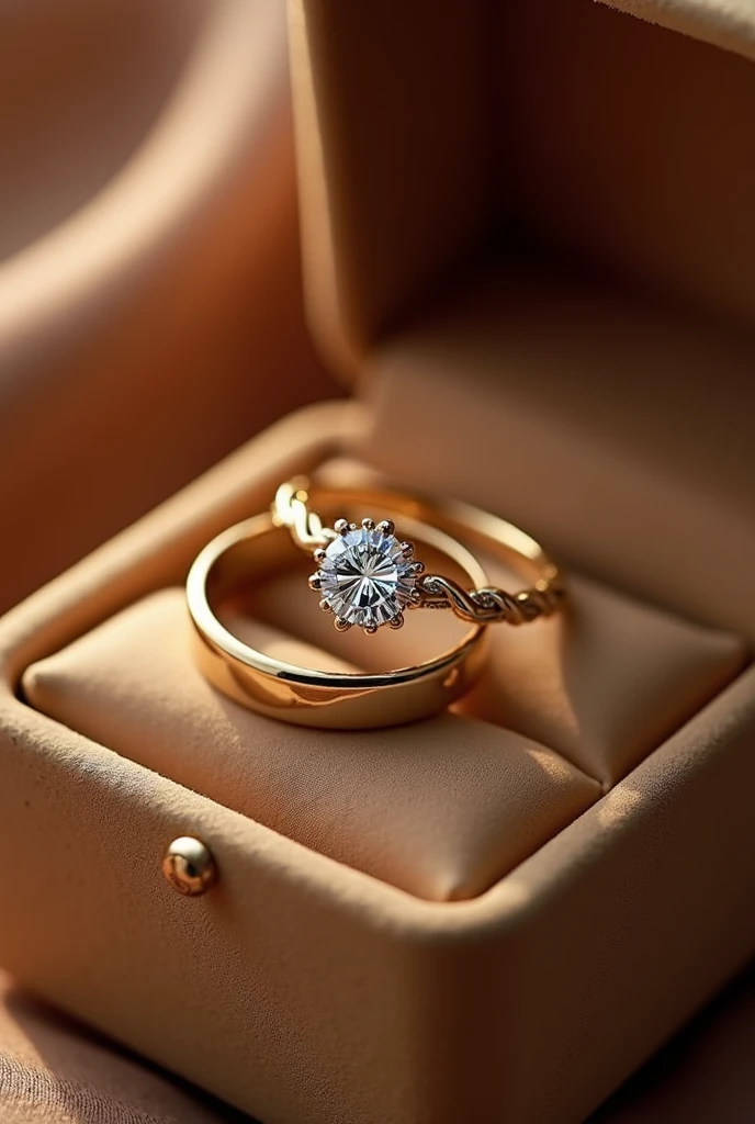 pair of wedding rings and engagement ring in gold color in a velvet box the men&#39;s ring is simple, only smooth and matching the women&#39;s ring the women&#39;s ring has a shiny minimalist diamond stone reminiscent of a flower with petals and around it a braided finish with small diamonds Inside the rings is written the word "AKAI TO"