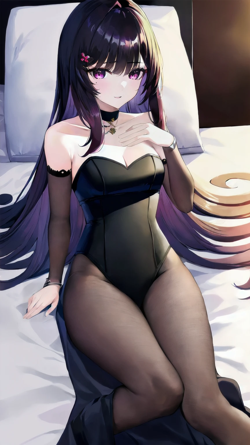 anime, beautiful face, highly detailed face, (2 accurate legs:1.2), purple detailed eyes, star shaped pupils, highly detailed background, perfect lighting, accurate arms, accurate hands, accurate fingers, hair ornament, full body, 1girl, solo, ai hoshino, oshi no ko, indoors, (beautiful purple hair:1.2), detailed thighhighs, absurdres, high res, ultrasharp, 8K, masterpiece, looking at viewer, teasing smile, BREAK (detailed black sexy body stocking:1.3), (intricate all lace:1.6), (detailed black heels:1.2), (transparency:1.8),(view from behind:1.2), ass view, looking over her shoulders, close up