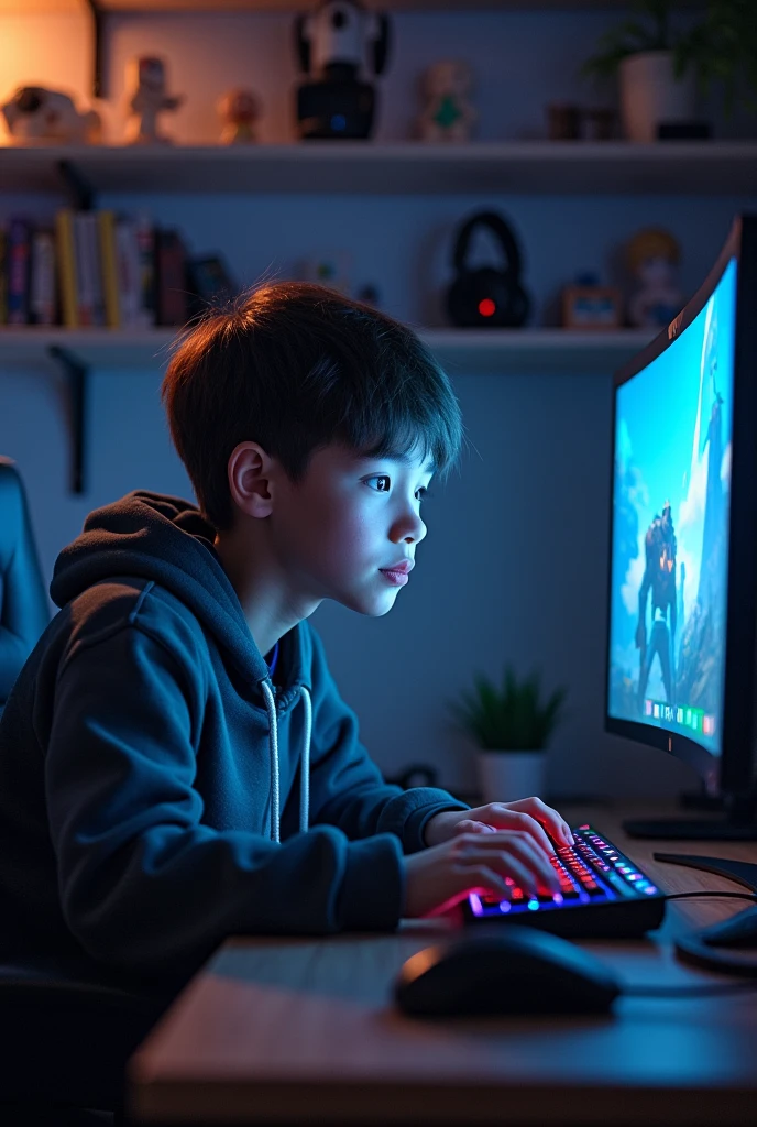 A gamer boy playing games in gaming pc