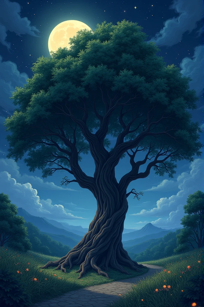 It’s nighttime. There is a very old, very large tree.create a anime of that