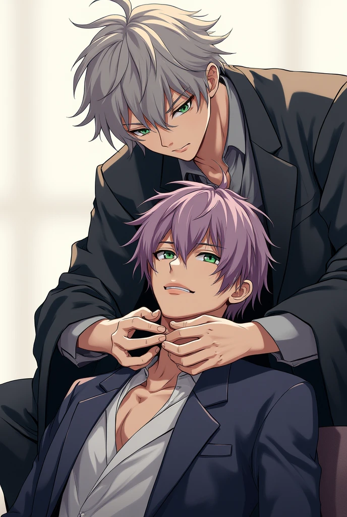 A handsome Japanese ager. Short and messy lilac hair color. yeux vert clair. tanned skin. Wear an outfit'aristocrate cool. elongate. Assis. arrogant. Another boy. short messy gray hair. green eyes. holds the seated boy's collar, annoyed expression. Japanese man.