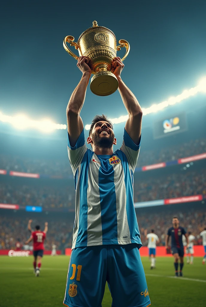 Leo Messi lifting the Libertadores Cup
