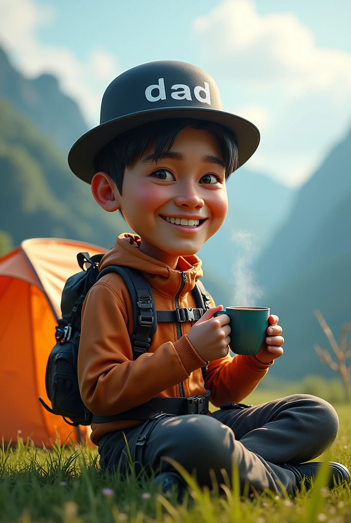 4d caricature ,Indonesian man,30 years,short straight hair,wearing a black hat with writing "dad",wearing complete climbing clothes with equipment,sit back ,on the grass,holding a cup of hot coffee,tent lamping,beautiful natural scenery,hyper realistic,ultrahd,super image quality,16k ,ultra detail