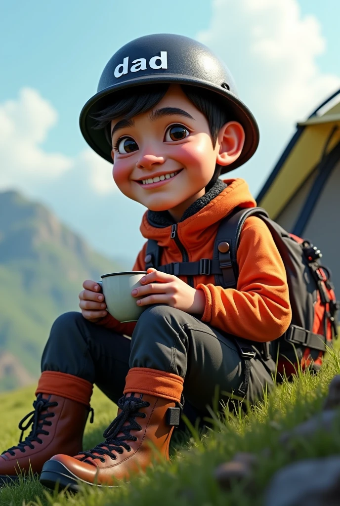 4d caricature ,Indonesian man,30 years,short straight hair,wearing a black hat with writing "dad",wearing complete climbing clothes with equipment,sit back ,on the grass,holding a cup of hot coffee,tent lamping,beautiful natural scenery,hyper realistic,ultrahd,super image quality,16k ,ultra detail