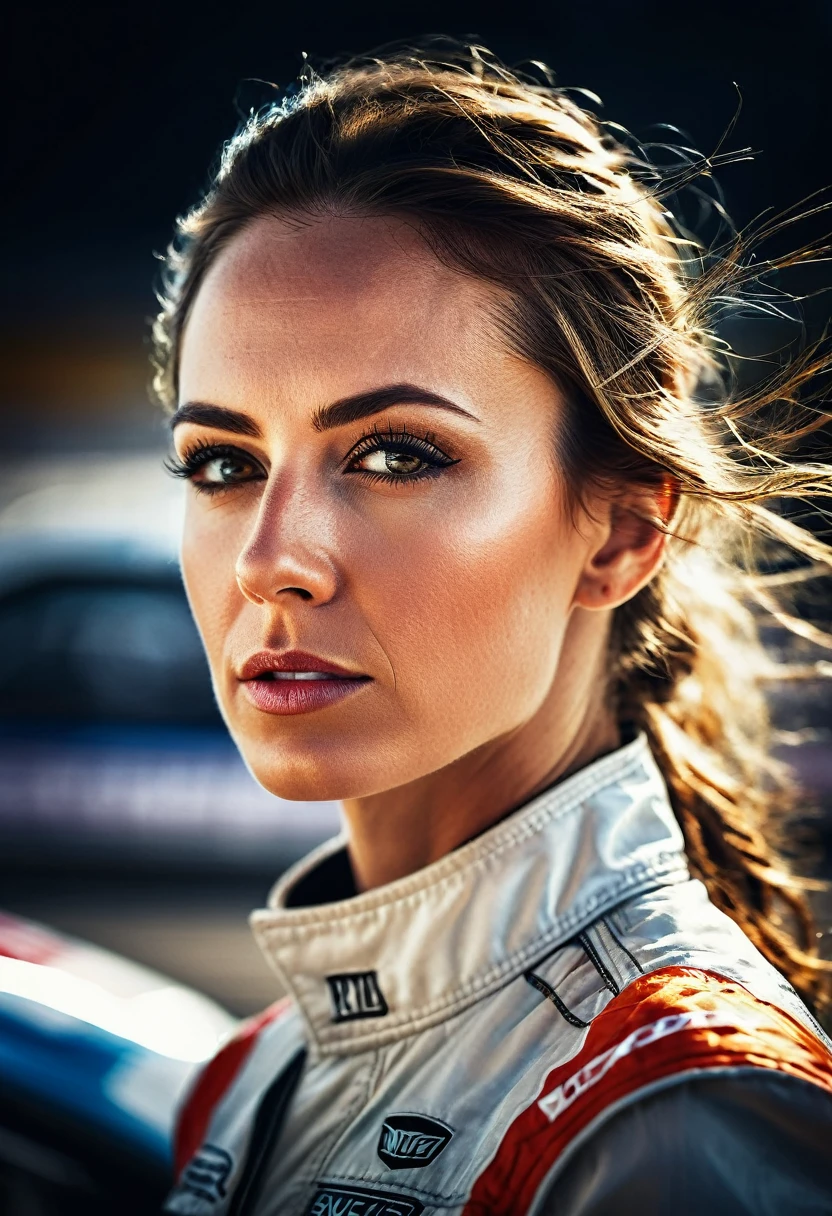 A close-up portrait of a race queen at a circuit, with dramatic lighting highlighting her expressive features. The background shows blurred racing cars, capturing the essence of speed and excitement. Use cinematic lighting to create a sense of movement and energy, with a focus on her confident gaze and vibrant costume.