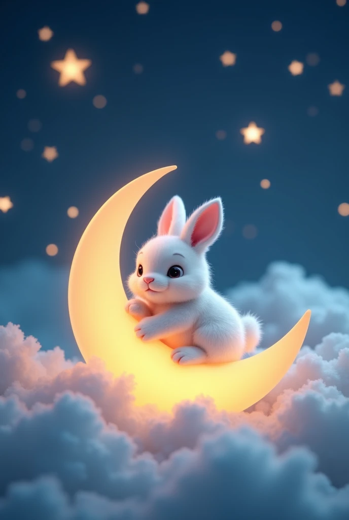 A highly detailed, photorealistic 4K image featuring a cute, fluffy bunny sitting on a glowing crescent moon in a whimsical, dreamy night sky. The bunny has soft, white and light pink fur with large, gentle eyes and is hugging the moon with both of its front paws, looking content and peaceful. The moon emits a soft, warm glow that gently illuminates the bunny’s fur, creating a cozy and enchanting ambiance. The background is filled with softly glowing stars scattered throughout the deep blue sky, with fluffy clouds gently floating below, adding depth and serenity to the scene. The overall tone is enchanting and playful, reminiscent of a children's bedtime story illustration. Art style: Fantasy realism with soft, warm lighting. Lighting: Soft moonlight glow with subtle star twinkles. Camera: Close-up with focus on the bunny and moon, soft blur on the stars and clouds. Render: Octane Render, 8K resolution.
