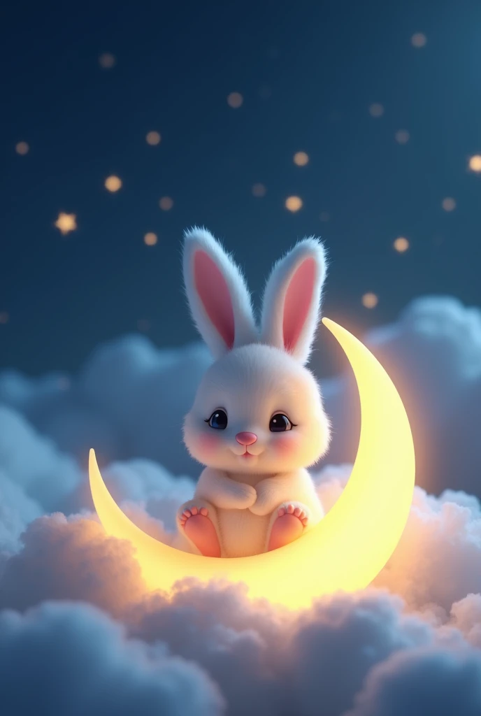 A highly detailed, photorealistic 4K image featuring a cute, fluffy bunny sitting on a glowing crescent moon in a whimsical, dreamy night sky. The bunny has soft, white and light pink fur with large, gentle eyes and is hugging the moon with both of its front paws, looking content and peaceful. The moon emits a soft, warm glow that gently illuminates the bunny’s fur, creating a cozy and enchanting ambiance. The background is filled with softly glowing stars scattered throughout the deep blue sky, with fluffy clouds gently floating below, adding depth and serenity to the scene. The overall tone is enchanting and playful, reminiscent of a children's bedtime story illustration. Art style: Fantasy realism with soft, warm lighting. Lighting: Soft moonlight glow with subtle star twinkles. Camera: Close-up with focus on the bunny and moon, soft blur on the stars and clouds. Render: Octane Render, 8K resolution.
