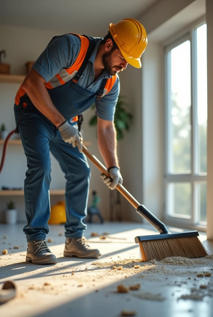 "Professional debris cleanup service. The image should show a technician meticulously cleaning up construction or renovation debris without using a vacuum cleaner. The technician should be using a broom, dustpan, and hand tools to collect and remove dust and small particles from a floor. The setting could be a residential or commercial space where the technician is ensuring the area is spotless after work. Emphasize the thoroughness of the cleanup process, highlighting the technician's attention to detail and commitment to leaving the space clean and orderly."