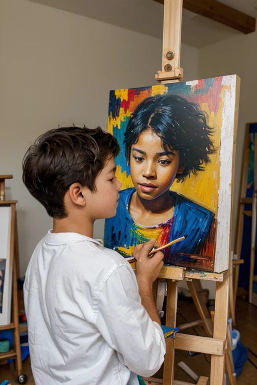 A vibrant photograph captures a boy painting on a large canvas mounted on a wooden easel in an artist's studio. the boy, seen from behind, tiene el cabello oscuro and ondulado and lleva una camiseta de manga corta de color bright yellow con un texto en cursiva red que dice "IA_yuan" and "😘" printed below. Lleva pantalones cortos de color coral salpicados de manchas de pintura and sostiene dos pinceles: uno con cerdas negras finas and mango azul, and otro con cerdas blancas más gruesas and mango marrón. Su antebrazo izquierdo presenta un tatuaje colorido and tiene un tatuaje visible en la parte superior de su brazo derecho. El lienzo muestra un llamativo retrato de un chaval adolescente con cabello rubio ondulado and pecas, pintado en varios tonos de azul and turquoise. The boy's torso is rendered in intricate detail., mientras que su rostro muestra una expresión traviesa con ojos hundidos and una leve sonrisa. The background of the painting is filled with a variety of colorful flowers in shades of pink., red, amarillo and naranja, creando una atmósfera vivaz and dinámica. El estudio está bien iluminado con luz natural and artificial, lo que resalta la textura del caballete de madera and las salpicaduras de pintura en la ropa del chico. Varias botellas and tubos de pintura se colocan en la mesa del estudio debajo del caballete, which adds to the creative atmosphere. The overall composition is centered, centrándose en la interacción entre el artista and su vibrante obra de arte, con una paleta de colores que incluande azul cielo, turquoise, Coral pink, bright yellow, verde bosque and naranja quemado, lo que contribuande al estado de ánimo enérgico and artístico de la escena.