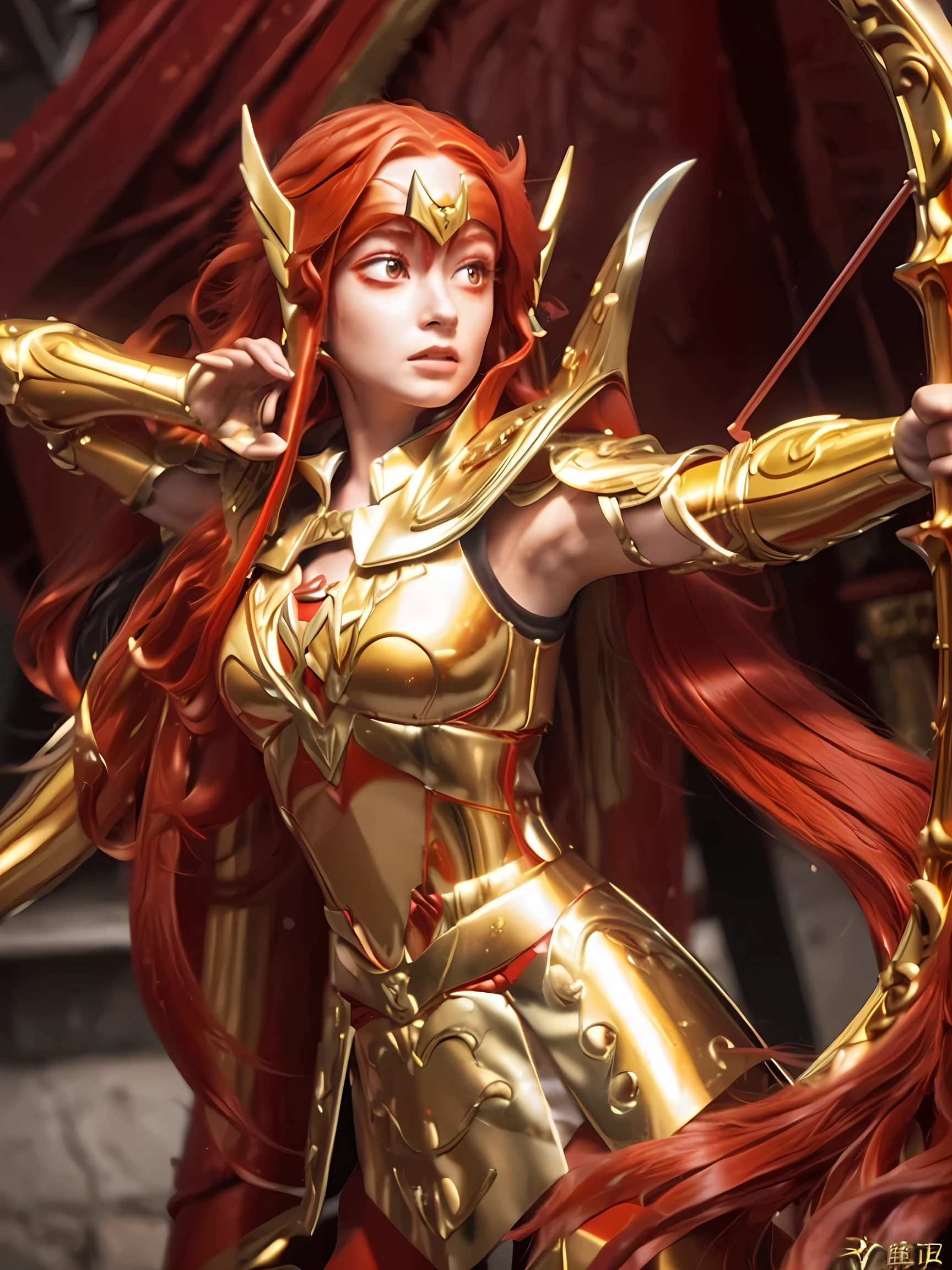 a woman with extremely long golden armored archer armor, very long detailed hair, ((((red hair)))), ((((red hair)))), highly detailed, super definition, 16k, looking at camera, feathers, golden armor, helmet, archer's armor, massive breasts, cleavage, silver eyes, exposed, shooting an arrow