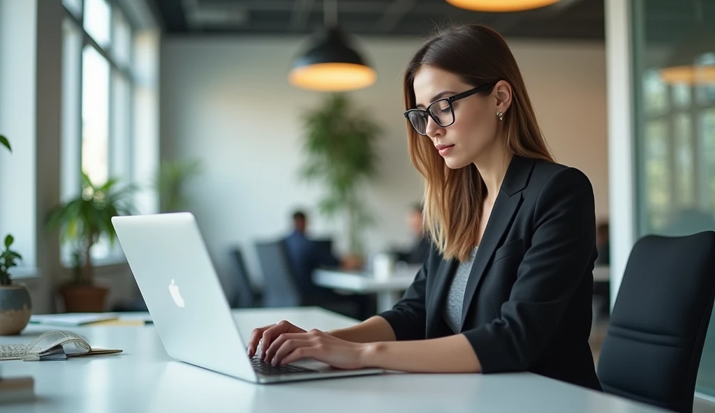 
Color photo of a white American woman in an office wearing glasses and working on her laptop, exuding an aesthetic vibe. The scene is realistic with natural lighting, capturing a focused and professional atmosphere. Mobile photograph, camera settings: iPhone 12 Pro, VSCO Cam app.