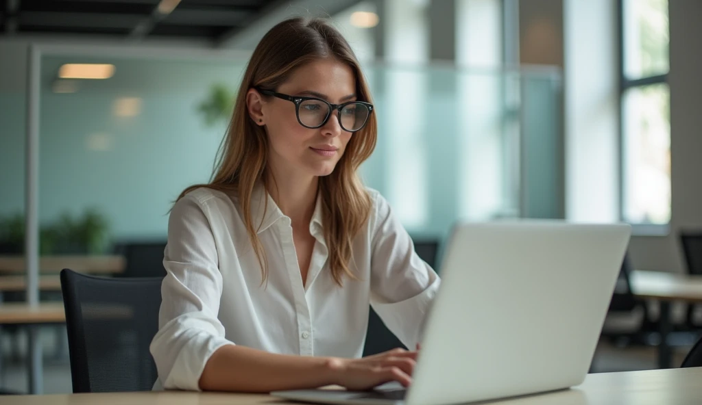 
Color photo of a white American woman in an office wearing glasses and working on her laptop, exuding an aesthetic vibe. The scene is realistic with natural lighting, capturing a focused and professional atmosphere. Mobile photograph, camera settings: iPhone 12 Pro, VSCO Cam app.
