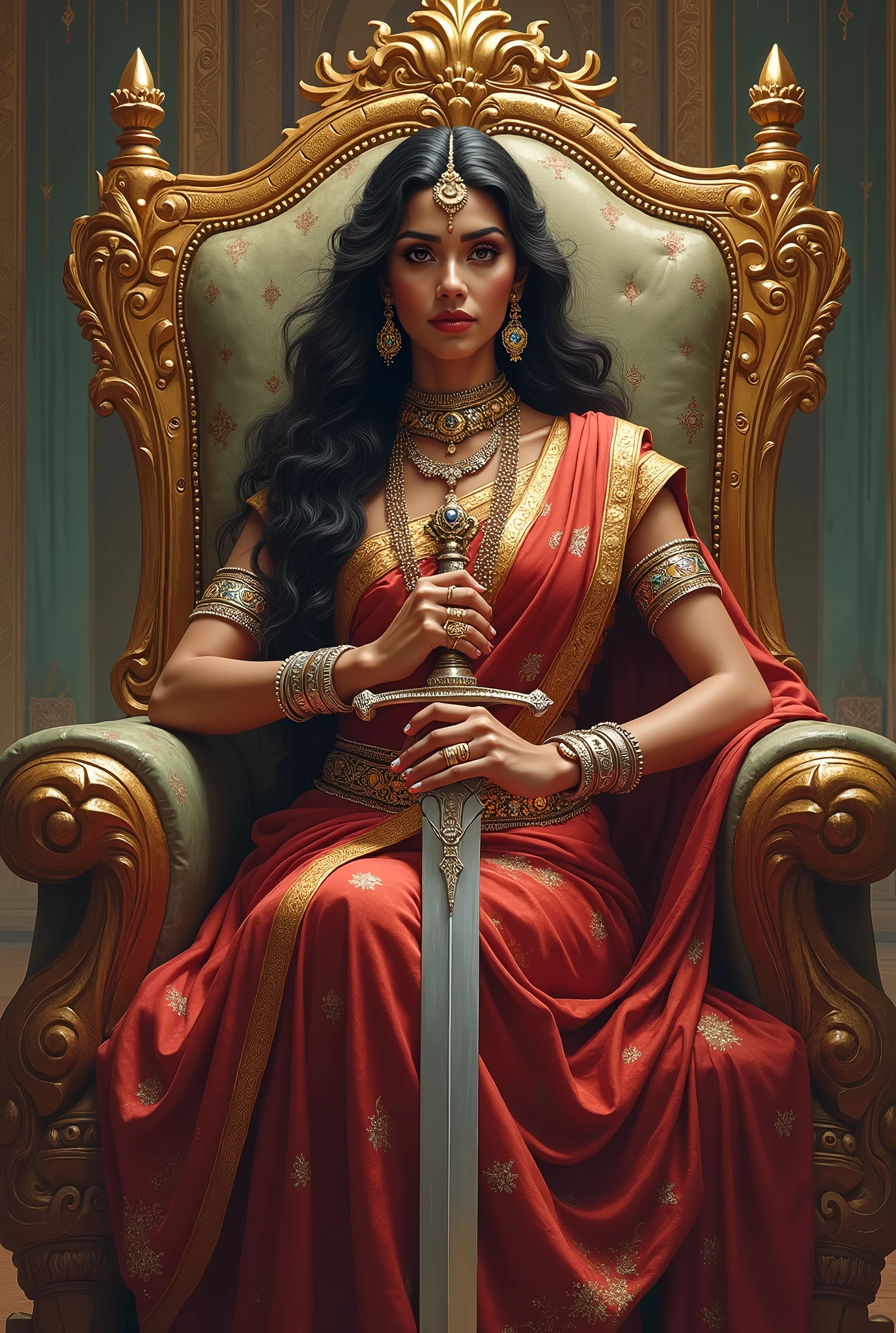 An Indian Queen with sword and sitting in chair