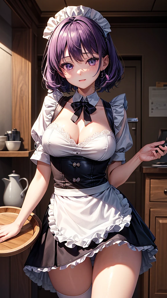 (Very detailed CG Unity 8k 壁紙),(masterpiece), (Highest quality), (Very detailed), (Best illustrations),(Best Shadow), Large Breasts,、She is carrying a chest on a tray.、Purple eyes and very short purple hair,Maid clotheaid Skirt、Maid's Headband,Dynamic Angle