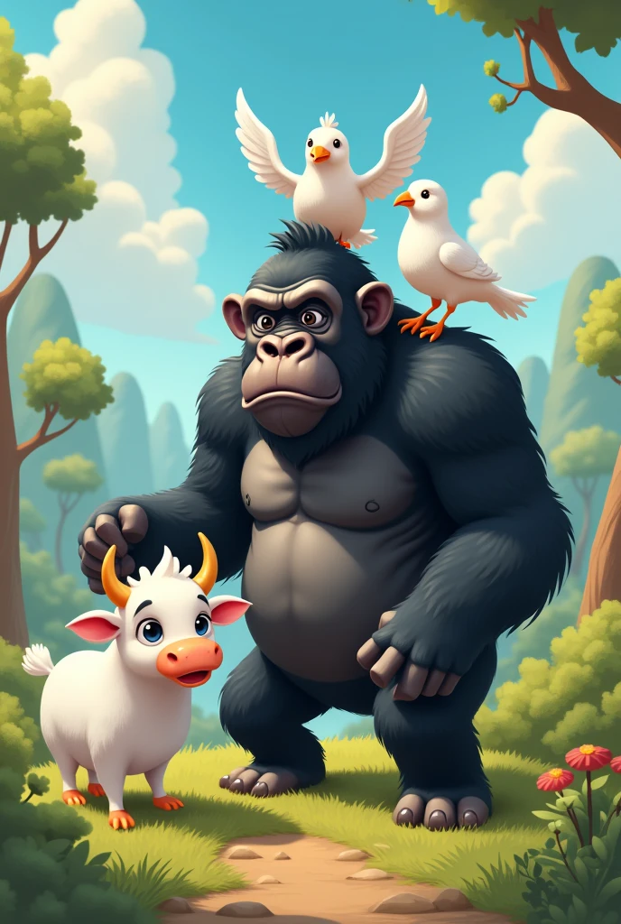 create funny pic of black gorilla, white pigeon and white cow