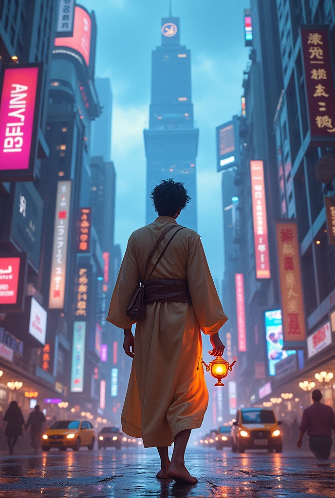 Aladin wandering with lamp
in modern life of technology