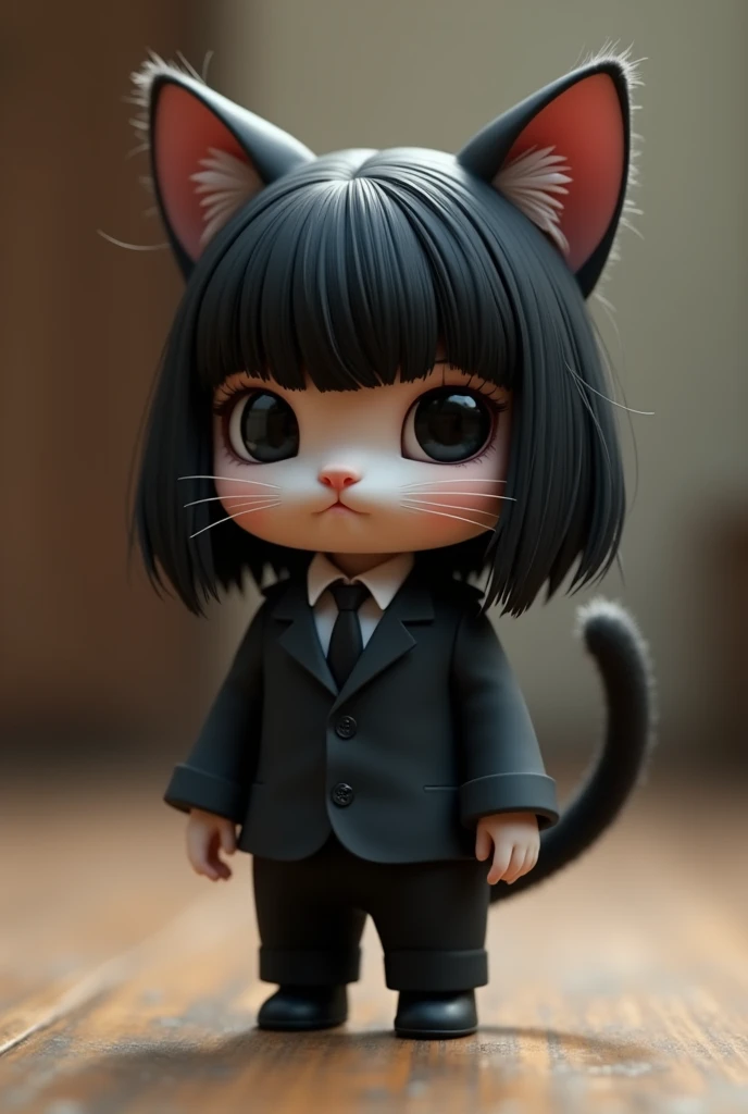 make an image of the following character with such characteristics: 30 cm tall, straight black hair, fatter, wears a black suit, has a cat face and human eyes, black eyes and half human cat, male gender
