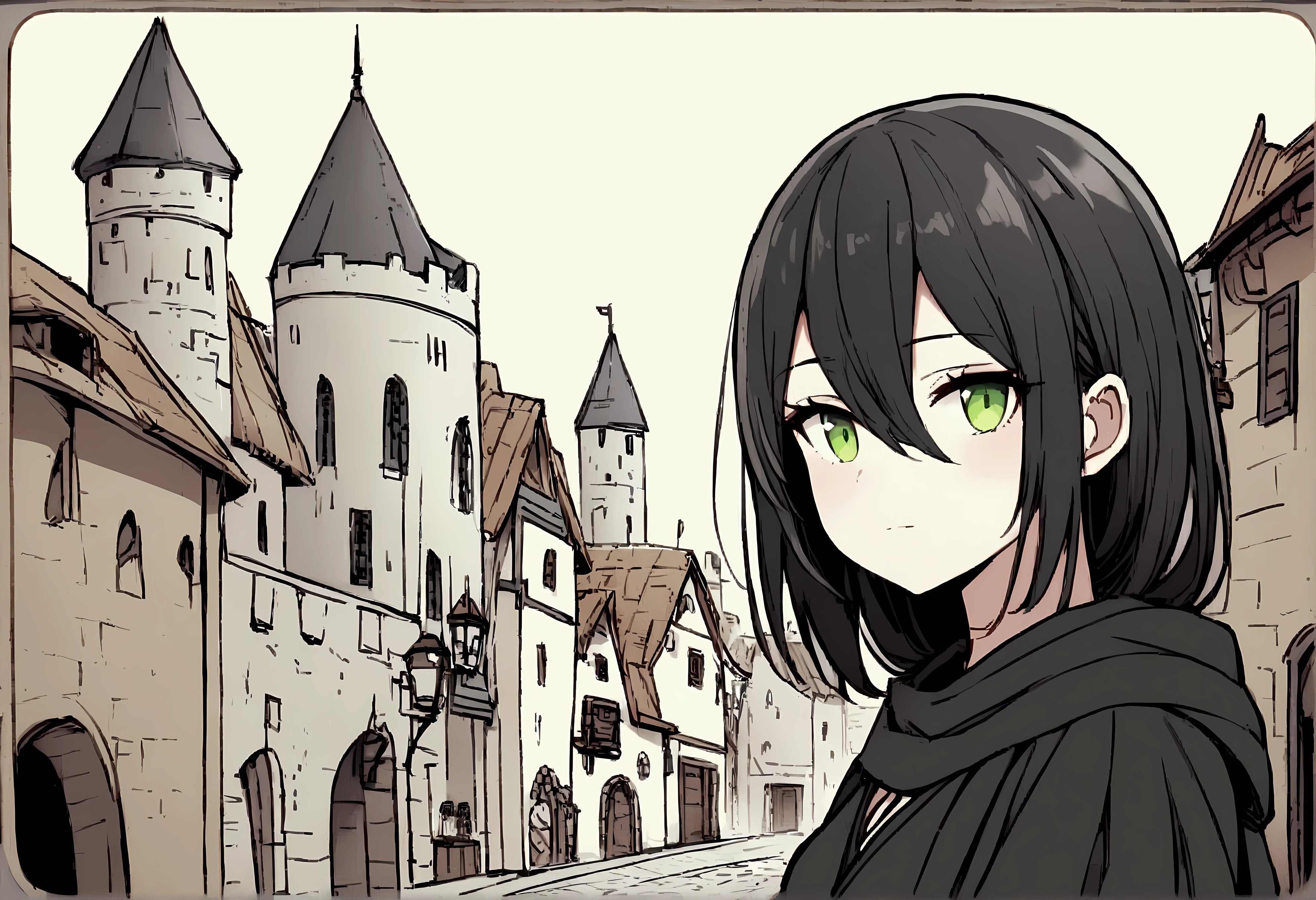 1 girl , hair between eyes, short black hair, black clothing, green Eyes, with a straight face, charachter, RPG, hand drawn, High details, medieval city background