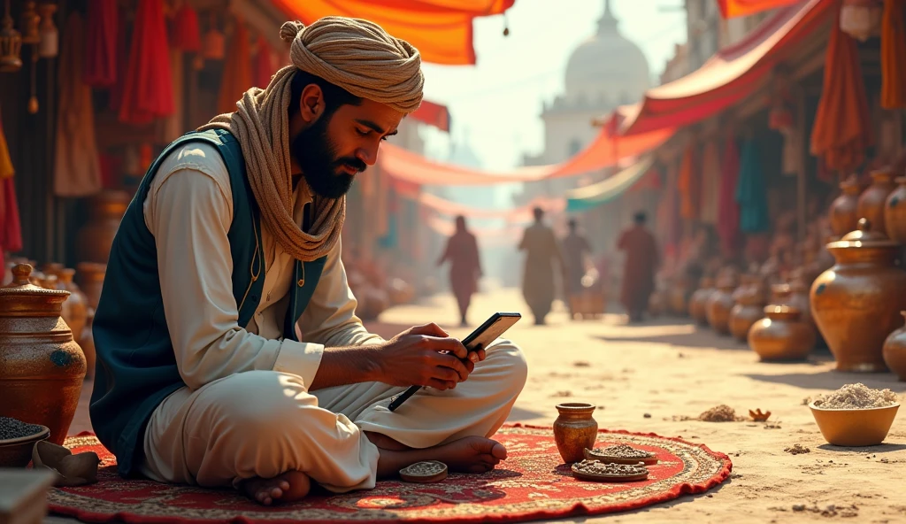 A Marwari trader calculating profits at a traditional Indian bazaar, with colorful stalls in the background