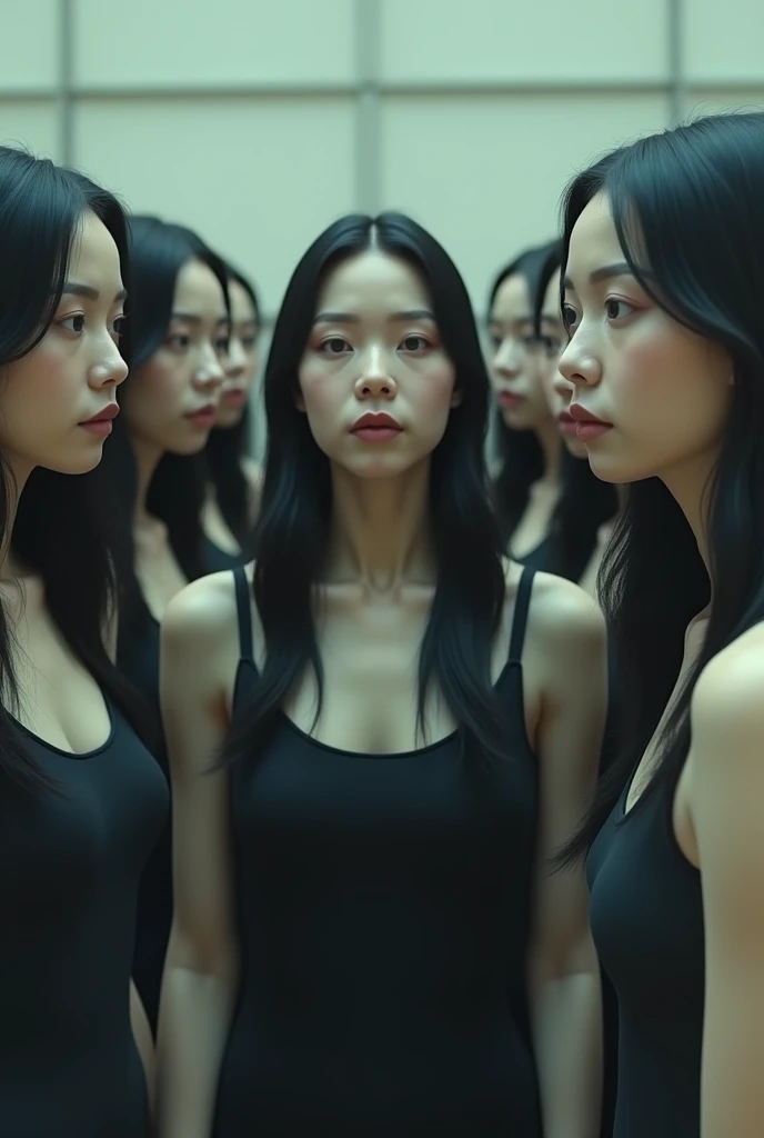 (((cloned face)))
(((similar identical twins)))
All the girls have the exact same face, The two have the same face and figure, as if they were mirror images